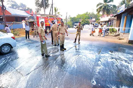 Fire Force Cleans Oil Spill Piravom
